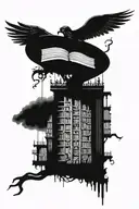 A blackwork tattoo of a mysterious library with hidden references to The Mummy and Harry Potter scattered throughout tattoo design idea