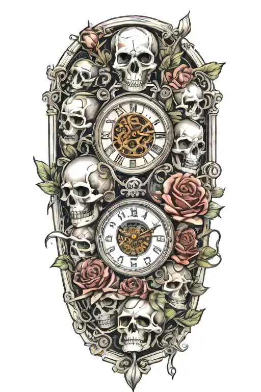 skulls, roses, clock, ace playing card tattoo design idea