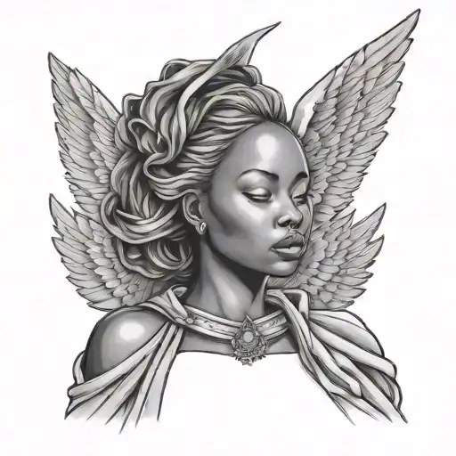 african  female angel looking down from heaven in a wrinkly garment  tattoo design idea