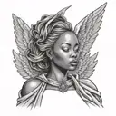 african  female angel looking down from heaven in a wrinkly garment  tattoo design idea