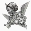african  female angel looking down from heaven in a wrinkly garment  tattoo design idea