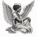 african  female angel looking down from heaven in a wrinkly garment  tattoo design idea