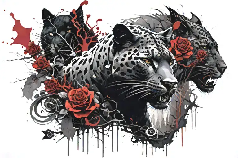 forest right up the nightsky,And on the other side underworld gate.a rose,panther and a samurai in middle.Some smoke  tattoo design idea