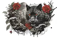 forest right up the nightsky,And on the other side underworld gate.a rose,panther and a samurai in middle.Some smoke  tattoo design idea