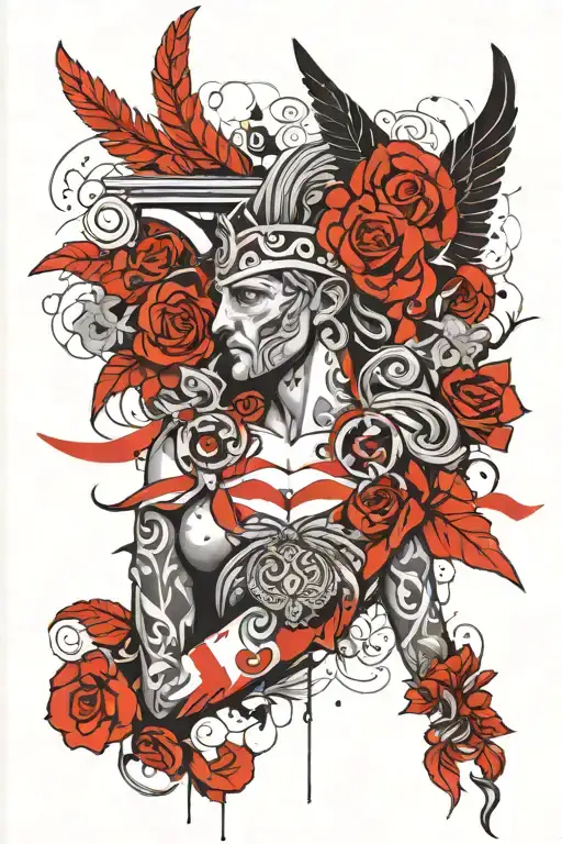 tattoo sketch for the entire arm from the shoulder to the middle of the forearm on the theme of ancient Greece, the gods tattoo design idea
