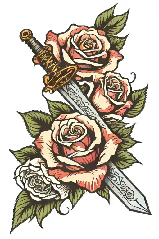 money rose with a bloody sword intertwined tattoo design idea