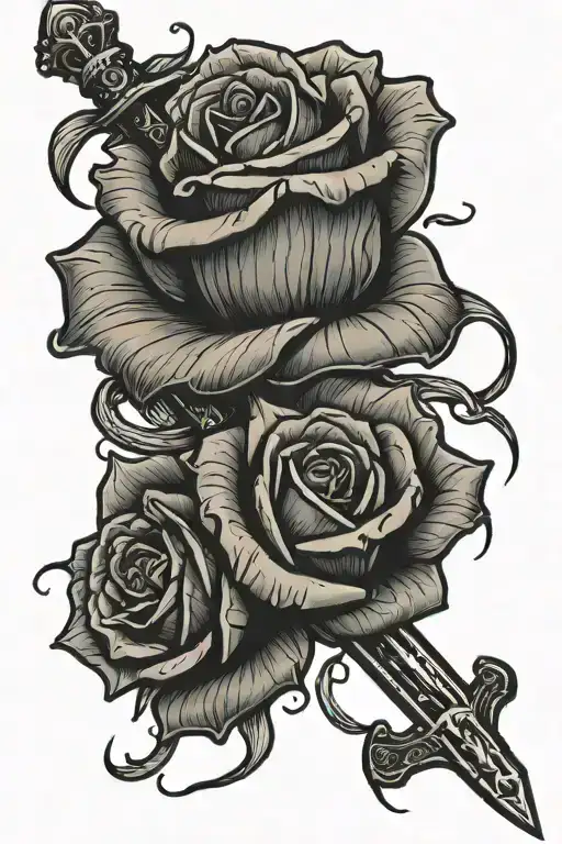 money rose with a bloody sword intertwined tattoo design idea