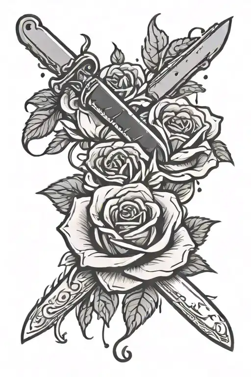 money rose with a bloody knife intertwined tattoo design idea