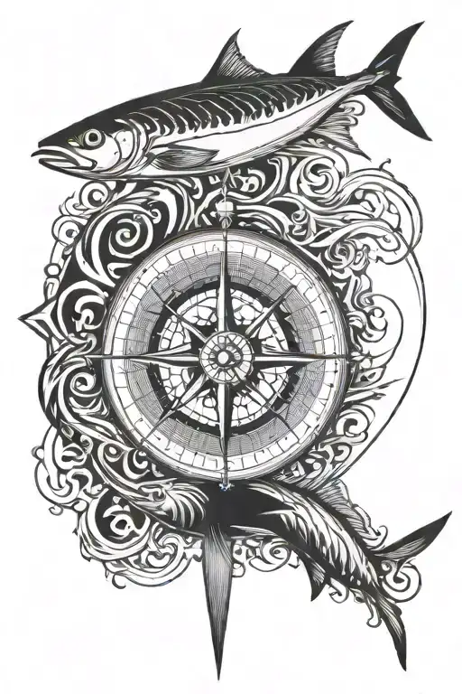 compass coordinates with a tuna and ocean waves tattoo design idea