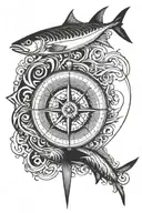 compass coordinates with a tuna and ocean waves tattoo design idea