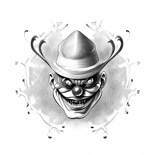 A sinister clown face with a twisted smile and sharp teeth tattoo design idea