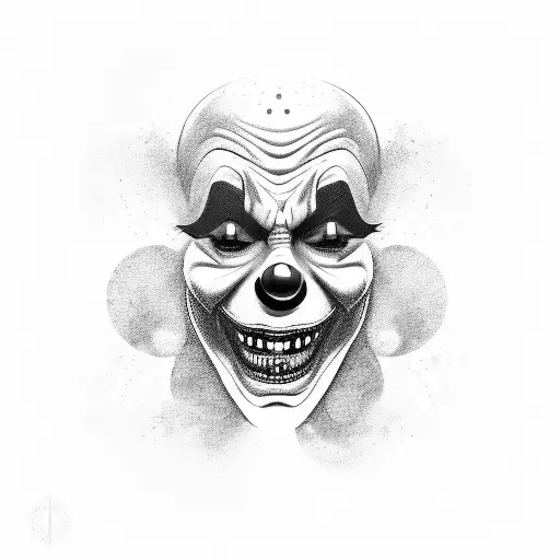 A sinister clown face with a twisted smile and sharp teeth tattoo design idea