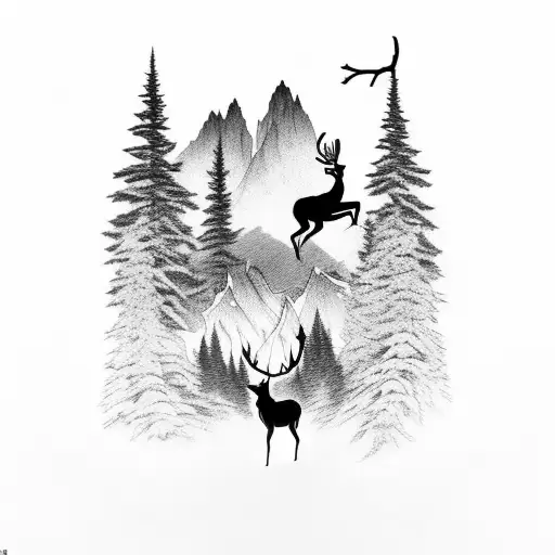 A silhouette of a deer leaping over a rocky mountain peak, with a forest stretching below tattoo design idea