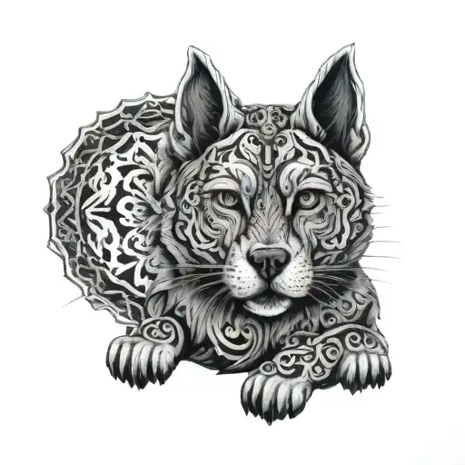 An intricate mandala design incorporating elements of kickboxing and pharmacy, with hidden images of dogs and cats peeking out in a black-grey style tattoo design idea