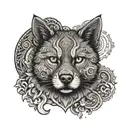 An intricate mandala design incorporating elements of kickboxing and pharmacy, with hidden images of dogs and cats peeking out in a black-grey style tattoo design idea