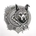 An intricate mandala design incorporating elements of kickboxing and pharmacy, with hidden images of dogs and cats peeking out in a black-grey style tattoo design idea