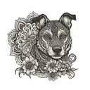 An intricate mandala design incorporating elements of kickboxing and pharmacy, with hidden images of dogs and cats peeking out in a black-grey style tattoo design idea