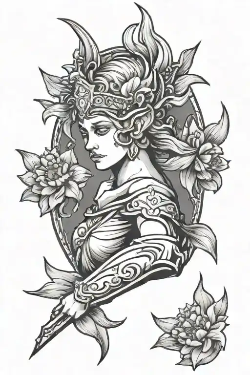 narcissus god and warrior woman tattoo design idea