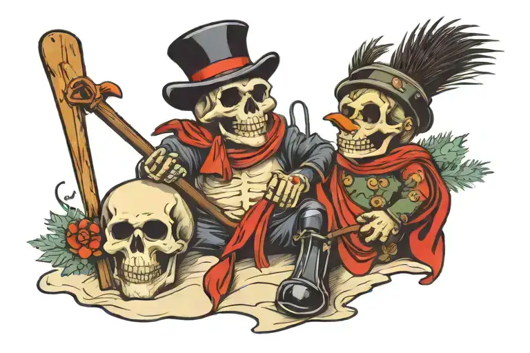 skull and skiing snowman enjoying tattoo design idea