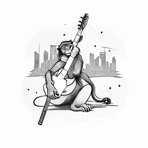 A silhouette of a monkey playing a guitar with a backdrop of a city skyline tattoo design idea