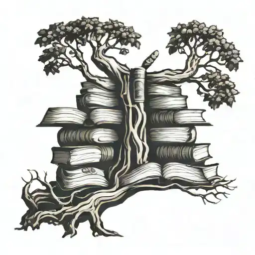 A tree of knowledge with roots shaped like books, symbolizing academic success tattoo design idea