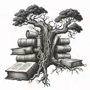 A tree of knowledge with roots shaped like books, symbolizing academic success tattoo design idea