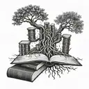 A tree of knowledge with roots shaped like books, symbolizing academic success tattoo design idea