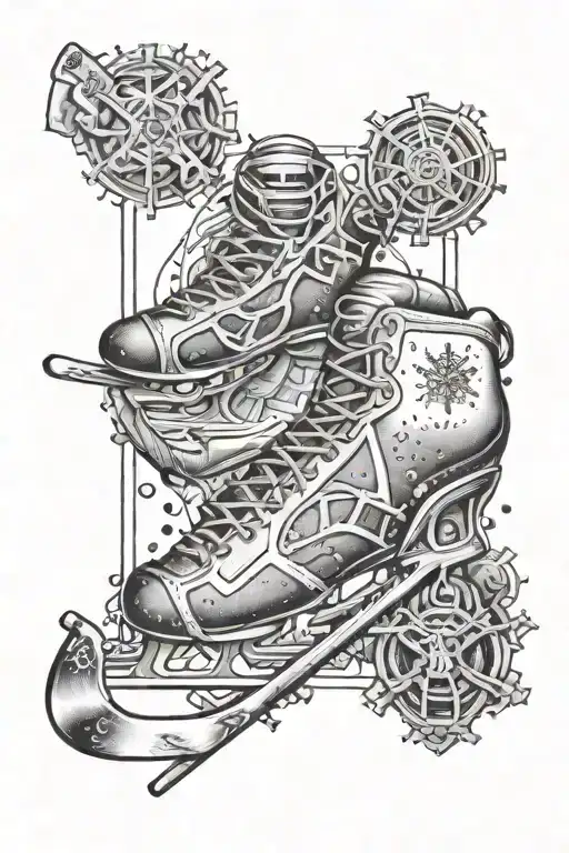 A detailed snowflake design incorporating elements of hockey equipment, representing your passion for winter sports tattoo design idea