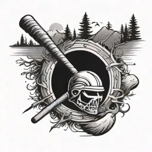 A hockey stick and a baseball bat crossed with a cabin in the background tattoo design idea