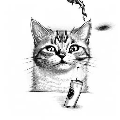cat smoking a cigarette flying on a pizza to get to a pharmacy tattoo design idea
