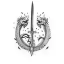 A sword piercing through a dragon's open book tattoo design idea