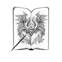 A sword piercing through a dragon's open book tattoo design idea