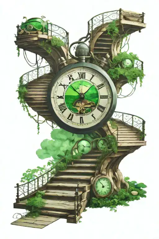stairs rising up into old stopwatch with green eyeball watching them tattoo design idea