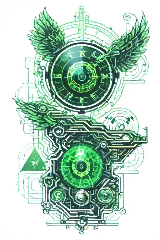 green eyeball looking at stopwatch with stairs going up into stopwatch tattoo design idea