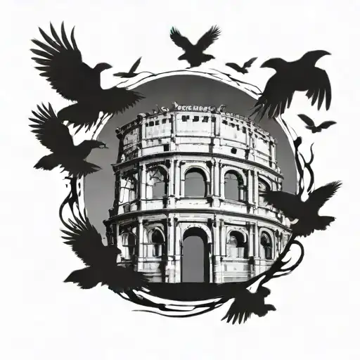 Roman Colosseum with a flock of crows flying overhead tattoo design idea