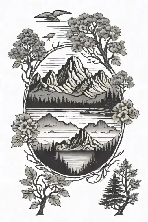 mountains, lake, handprint, tree line, sylvia tattoo design idea