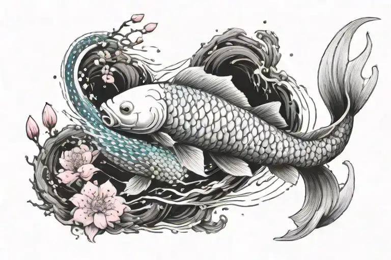 Big Carpe Koi black and white swimming in S form with sakura flowers pink and red in blue waters run deep tattoo design idea