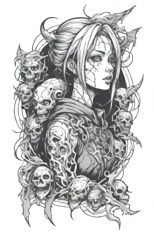 An anime-inspired tattoo of a horror-themed character surrounded by darkness tattoo design idea