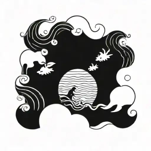 A beach scene featuring anime-style waves and kawaii sea creatures tattoo design idea