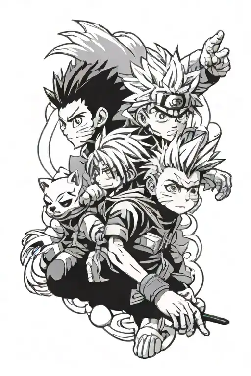 sleeve with killua from hunter x hunter, riley from the boondocks, blossom from power puff girls,and kakashi from naruto tattoo design idea