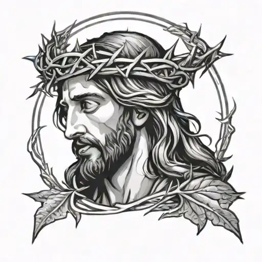 A portrait of Jesus with a crown of thorns, done in a black-grey style tattoo design idea