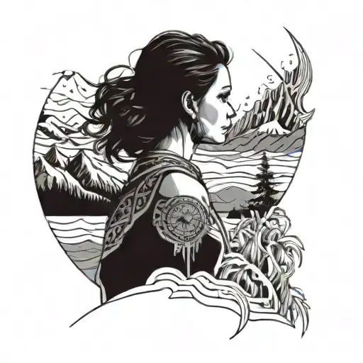 girl overlooking ocean and mountains in snow, she is sad and overlooking away from the foreground tattoo design idea