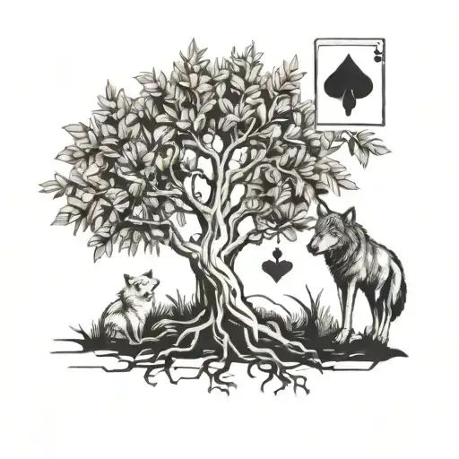 create an olive tree that has the playing card ace of clubs in a branch and a wolf sitting beneath the tree tattoo design idea