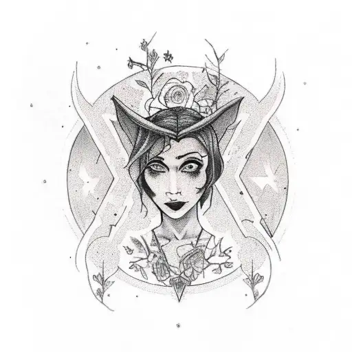 witchy tattoo of a woman with florals and moons and lettering inside of a banner that says "I am no man" tattoo design idea