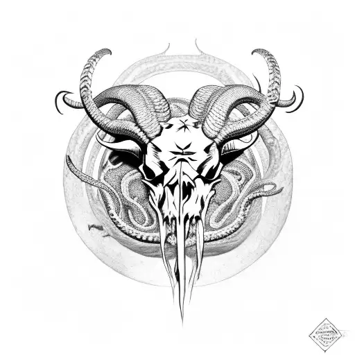 ram skull with snakes coming out the top and spider webs in the horns tattoo design idea