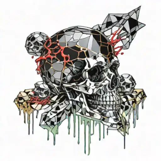 Black Gold Silver Broken decrepit Crystal Skull dripping in blood and melting downwards. Gemstones and crystals. tattoo design idea