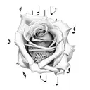 rose with music note stem tattoo design idea