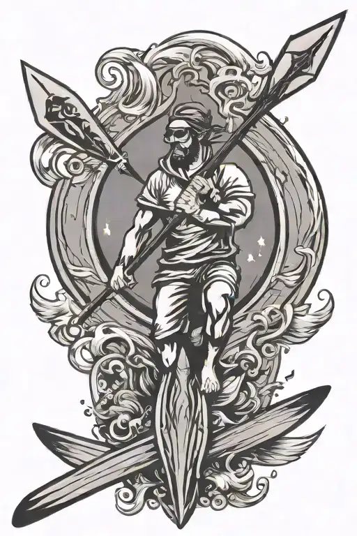 An oar with the aquarius sign, a kitesurfer and scuba diver inside  tattoo design idea