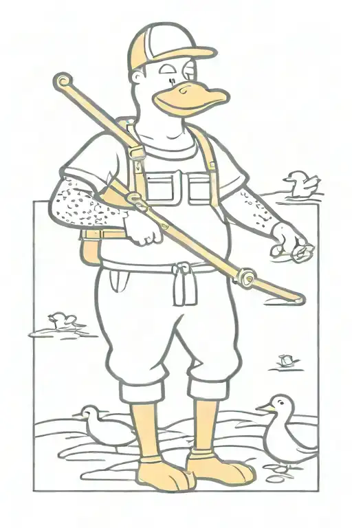 cartoon character with waders and duck calls around neck tattoo design idea