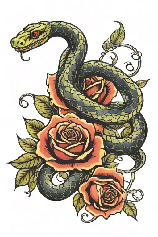 snake climbing up a rose stem wrapped tattoo design idea
